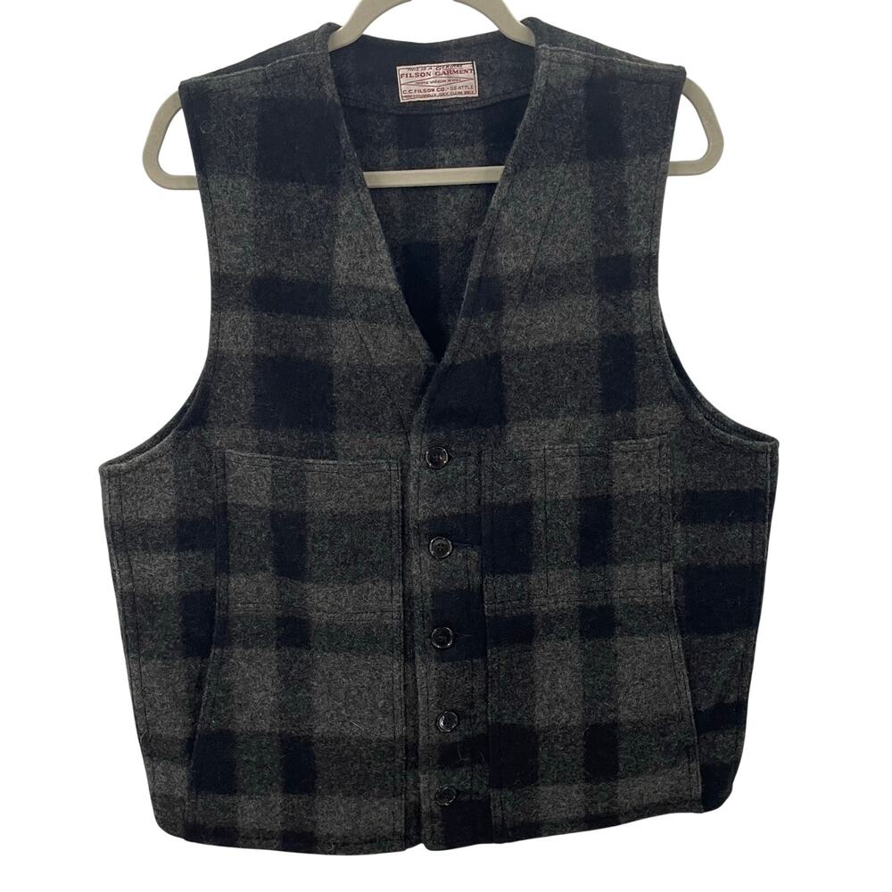 Vintage Filson Mackinaw Wool Vest Charcoal Black Plaid 40